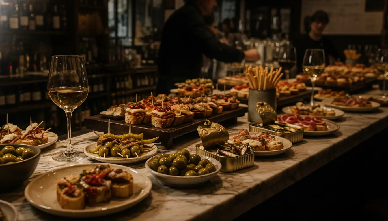 La Dehesa Spanish aperitivo spread with conservas, wine, and artisan bread
