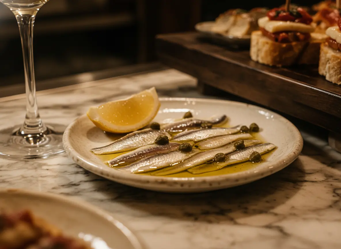 Cantabrian anchovies in olive oil on a white plate